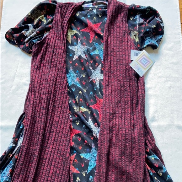 LULAROE JOY XS Longline Duster Vest Cardigan Red Black Heather - Picture 2 of 8